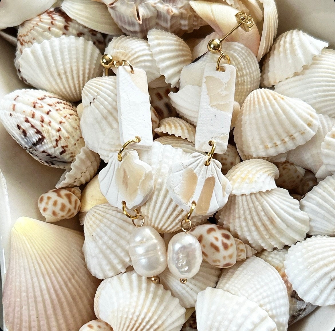 Seashell Earrings, Cream and White Clay Dangles, Coastal Beach Vacation Handmade Jewelry