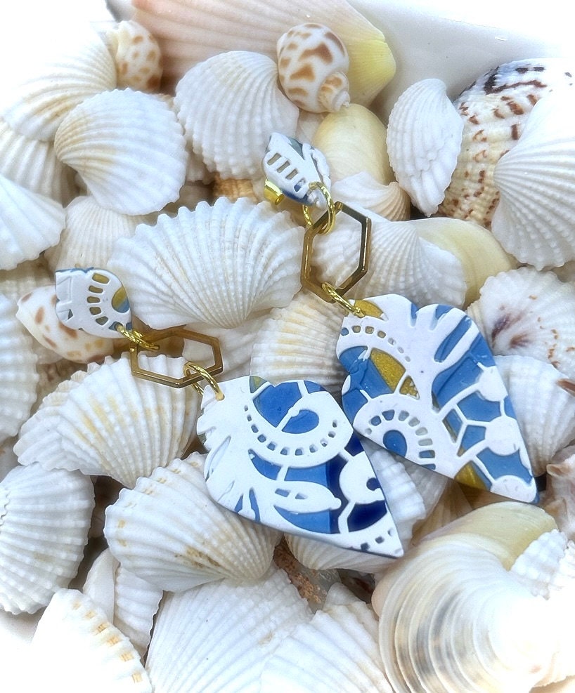 White Lace Clay Earrings, Navy Blue & Gold Dangles, Handmade Wedding Gift for the Bride