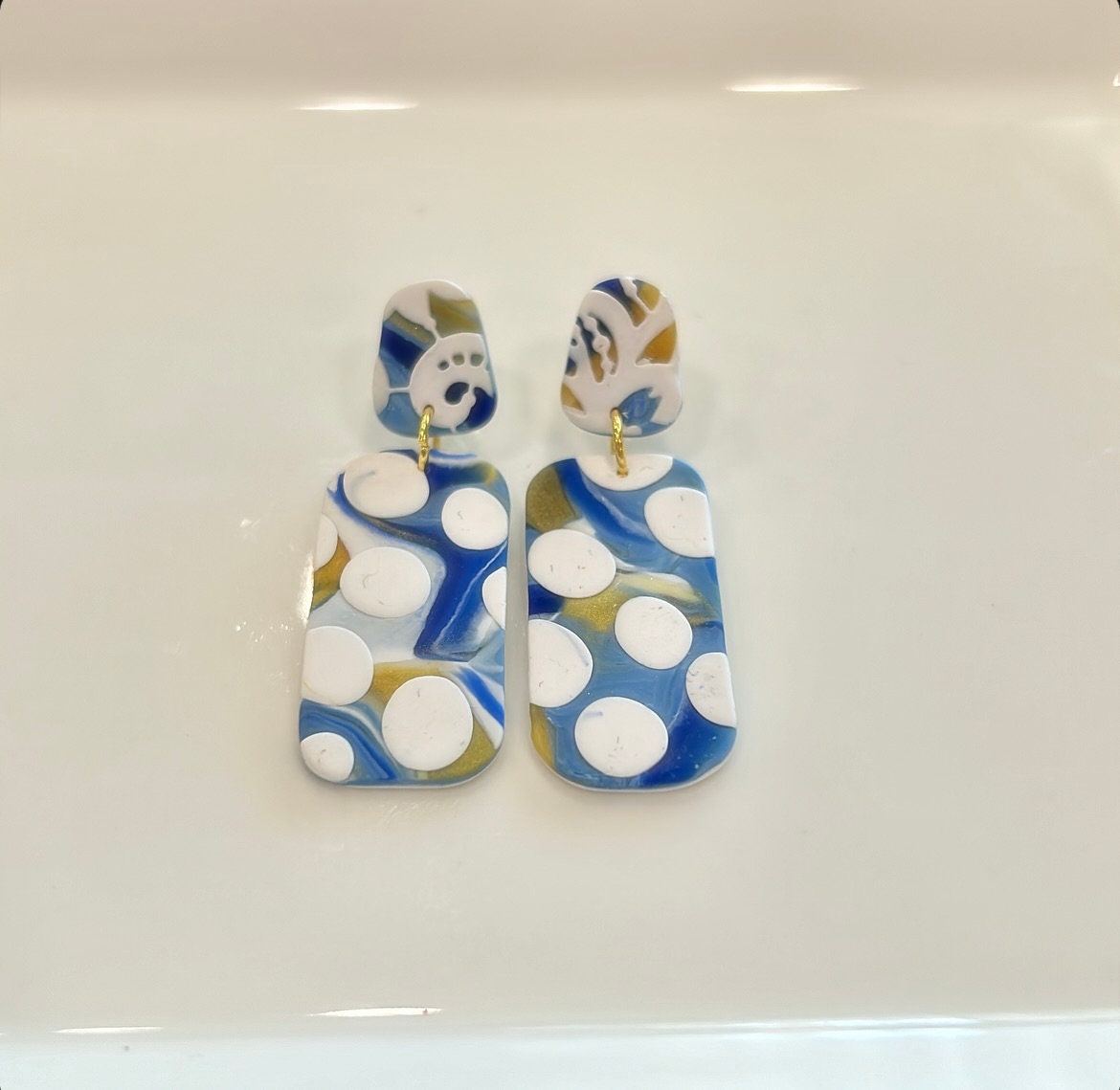 Handmade Clay Polka Dot Stud Dangles, Cobalt, White & Gold Dangle Earrings, Long Boho Jewelry