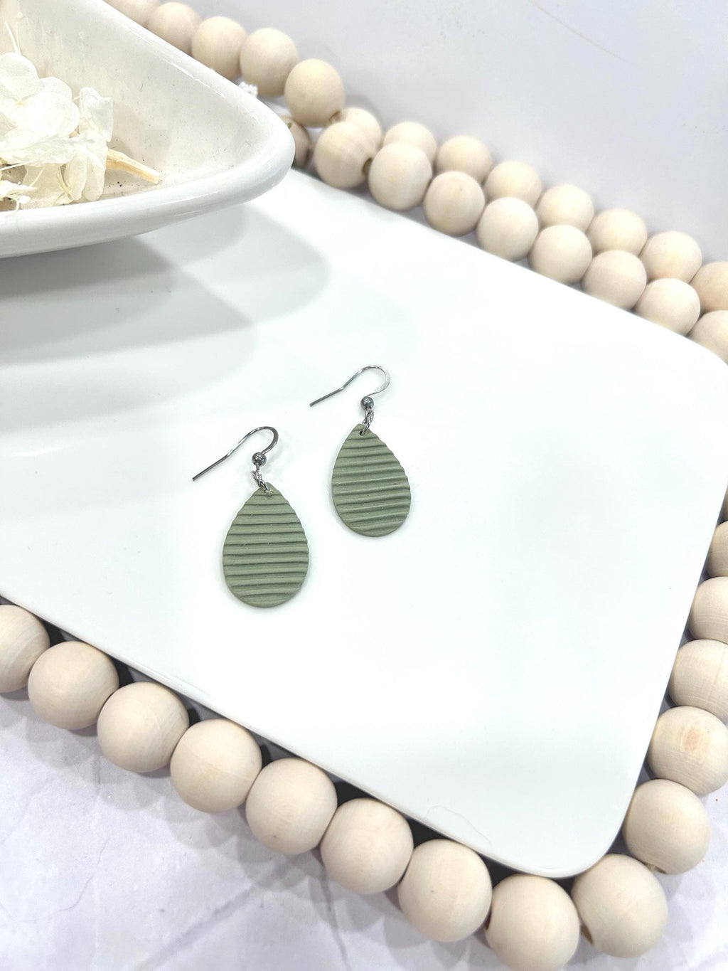 Sage Green Clay Earrings: Boho Teardrop Post Dangles, Stainless Steel Hypoallergenic Studs
