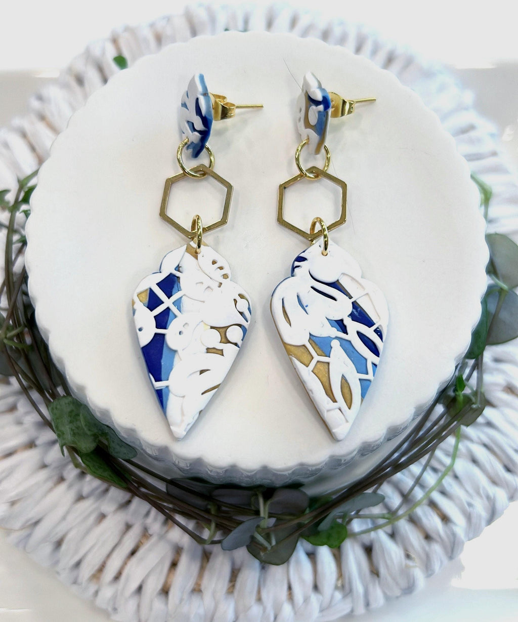 White Lace Clay Earrings, Navy Blue & Gold Dangles, Handmade Wedding Gift for the Bride