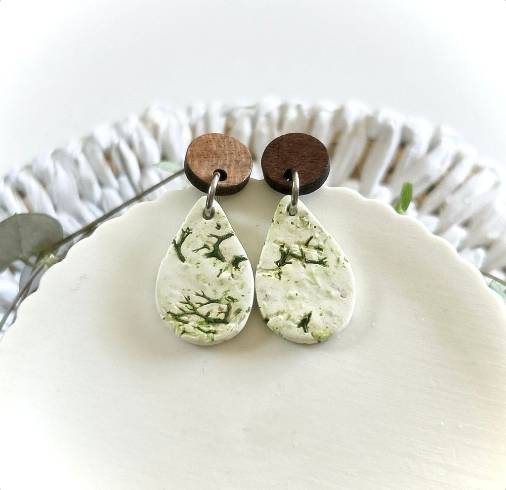 Nature Inspired Moss Earrings, Clay and Wood Drop Dangles, White and Green Lightweight Jewelry