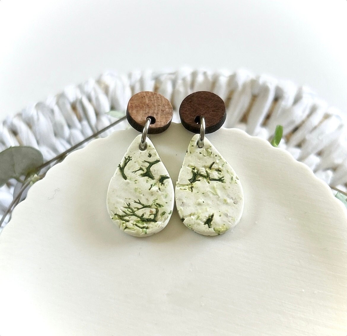 Nature Inspired Moss Earrings, Clay and Wood Drop Dangles, White and Green Lightweight Jewelry