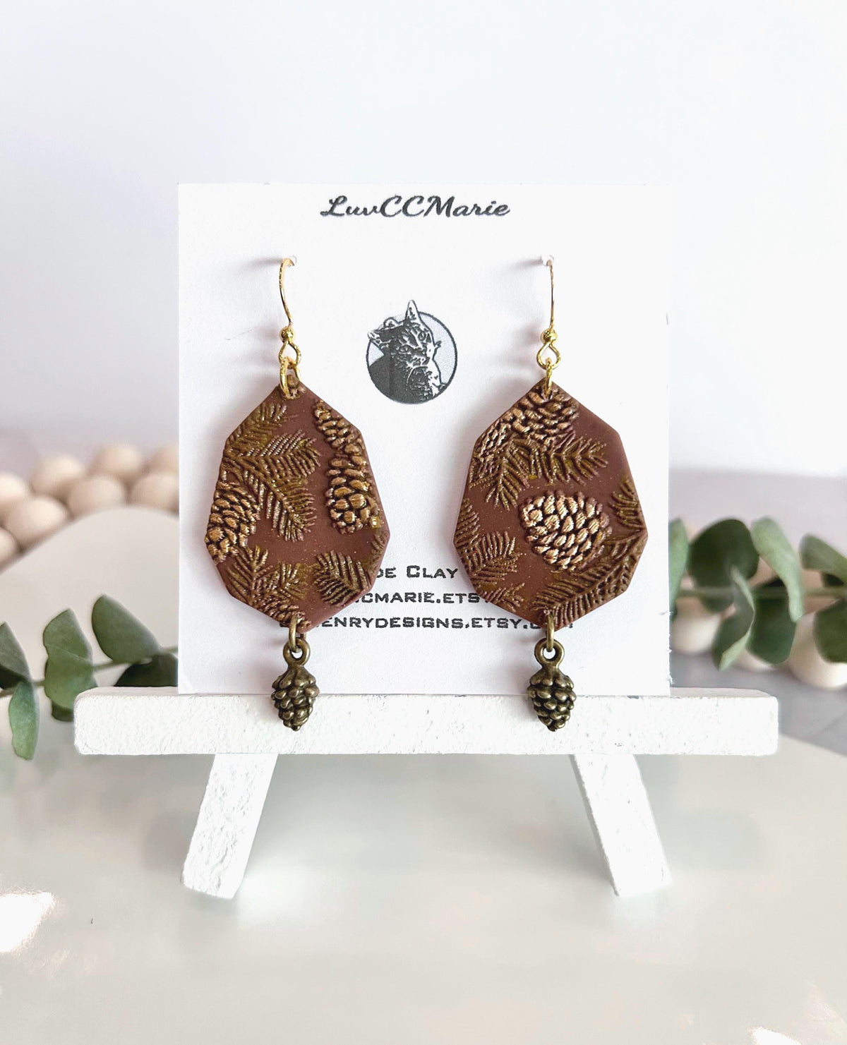 Brown and Gold Fall Earrings, Pine Cone Handmade Dangles, Clay & Bronze, Autumn Jewelry Gift