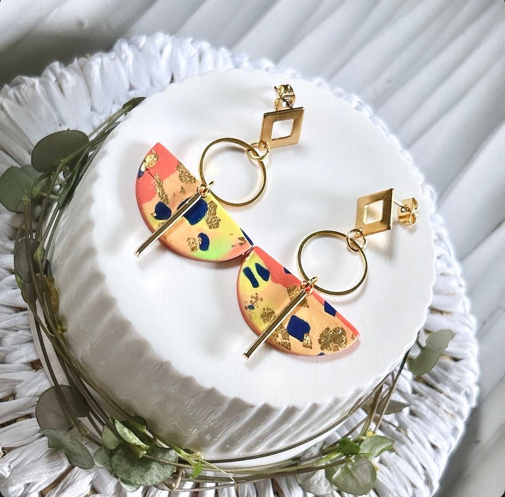 Neon Earrings, Geometric Dangles, Hoop Drop Polymer Clay Abstract Handmade Jewelry