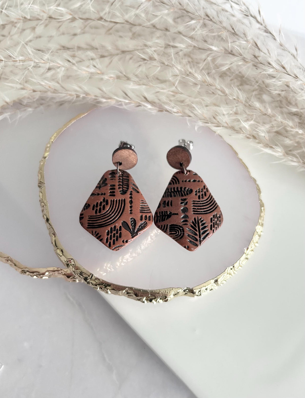 Brown & Black Boho Earrings, Embossed Folk Dangles, Clay Wood Faux Leather Fall Terracotta Mexican