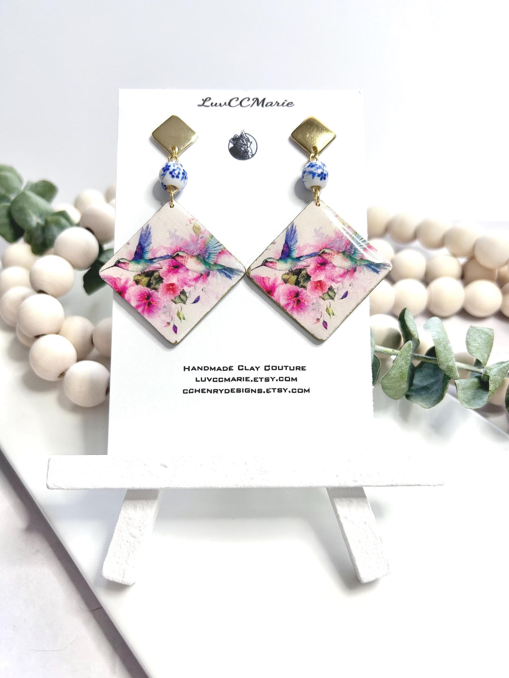 Hummingbird Bead Dangles Earrings, White, Pink and Light Blue Handmade Clay Jewelry Gift