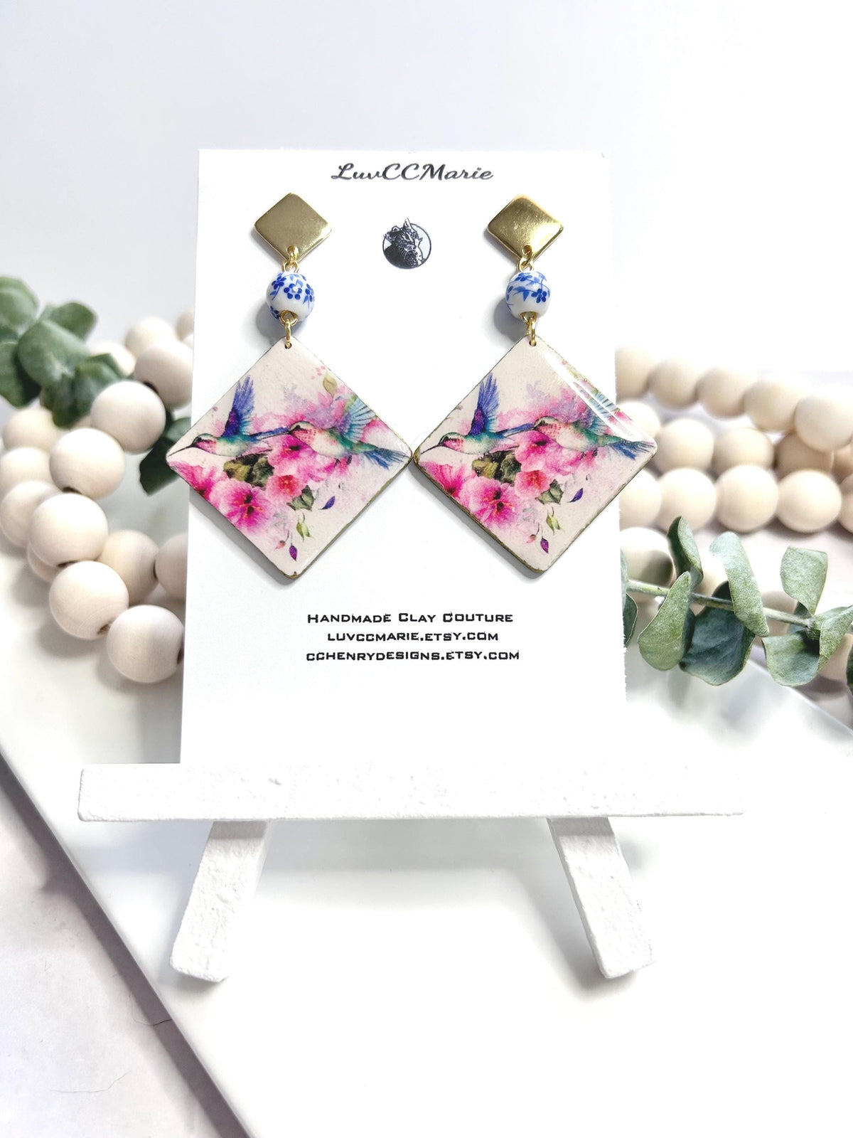 Hummingbird Bead Dangles Earrings, White, Pink and Light Blue Handmade Clay Jewelry Gift
