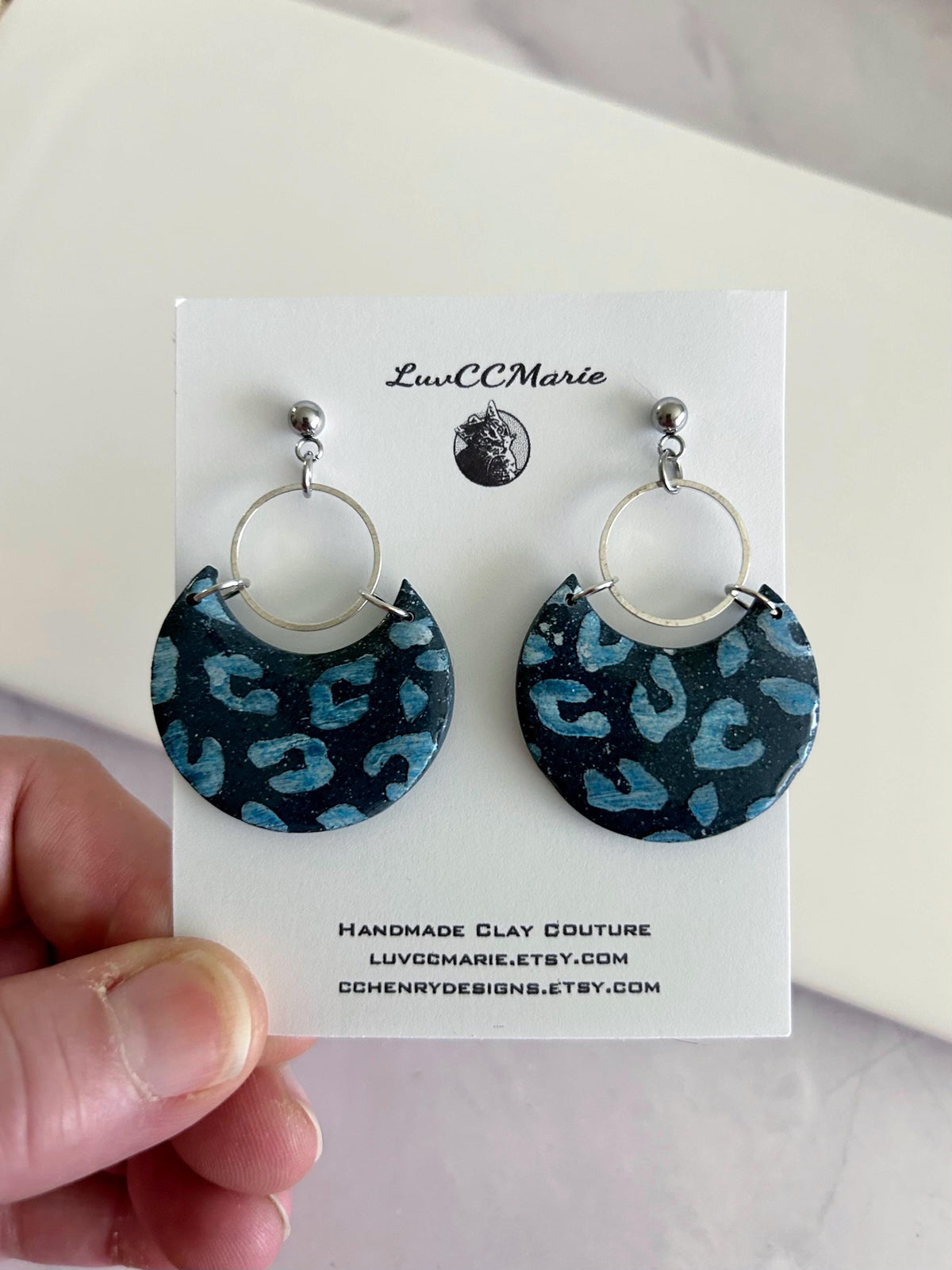Navy Blue and Silver Leopard Print Clay Earrings, Crescent Moon Hoop Dangles