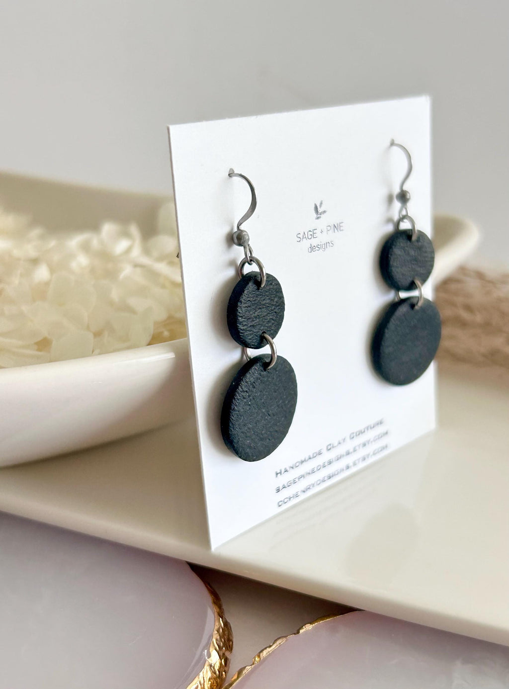 Matte Black Dangle Earrings, Clay Drops, Handmade Fashion Minimalist Jewelry