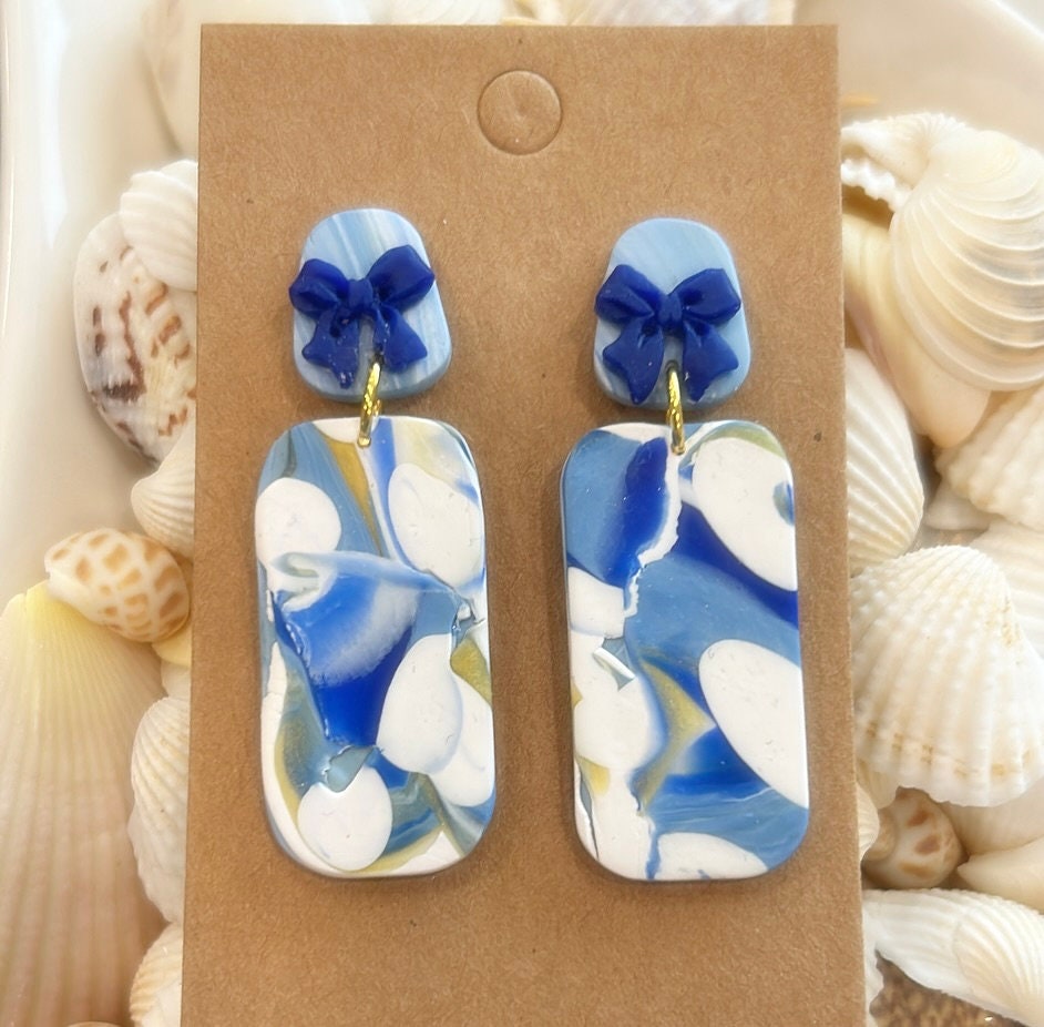Cobalt Blue Polka Dot Stud Dangles, Gold White Clay Earrings, Handmade Fashion Clay Jewelry