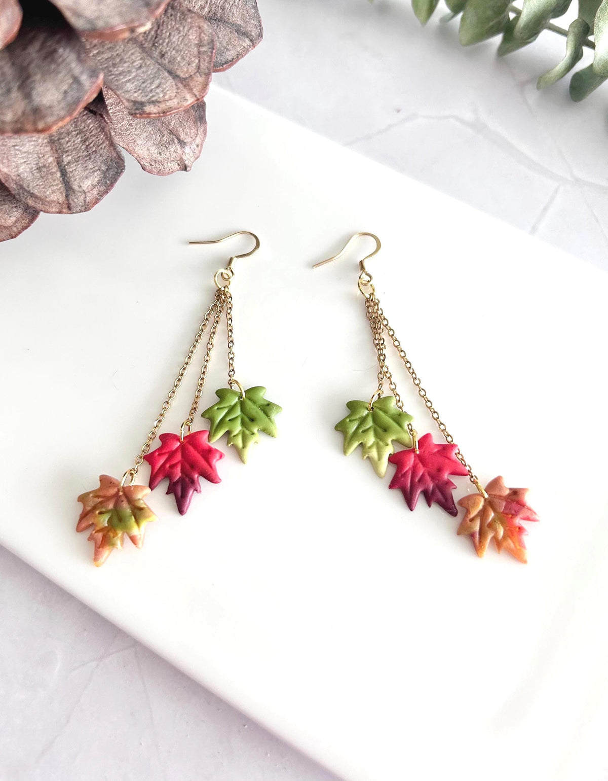 Leaf Earrings, Fall Jewelry, Polymer Clay Ombre Maple Leaves Chain Dangles