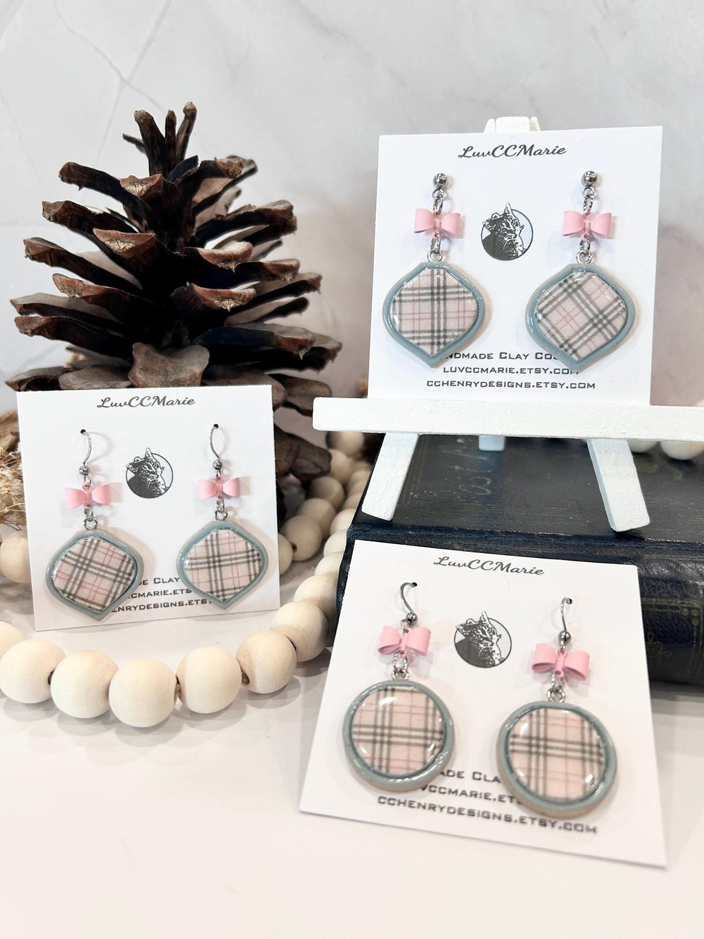 Pastel Pink and Light Gray Plaid Earrings with Bow Charm, Polymer Clay Geometric Dangles