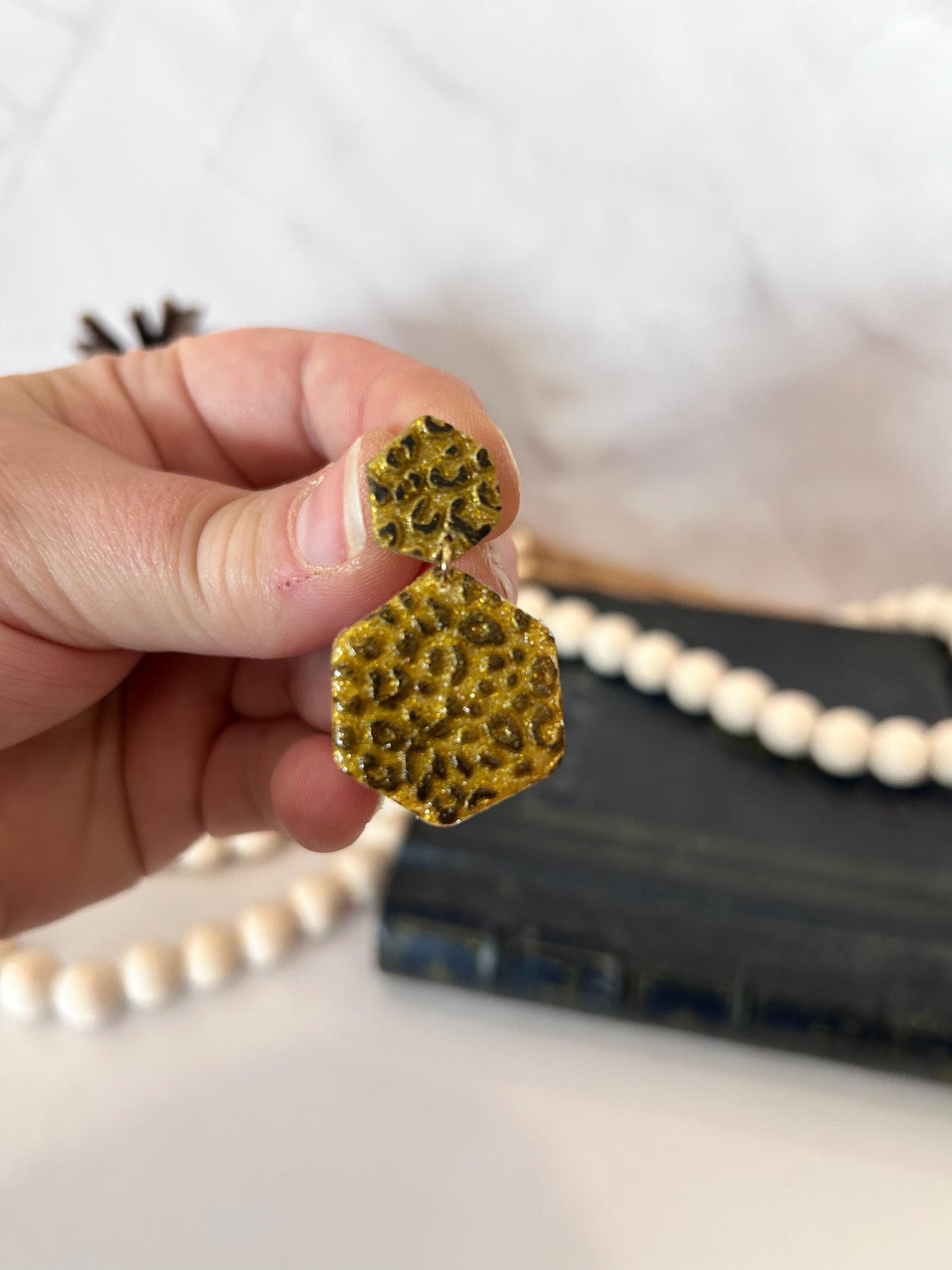 Handmade Clay Leopard Print Hexagon Earrings, Gold Geometric Stud Dangles, Lightweight Statement Boho Jewelry