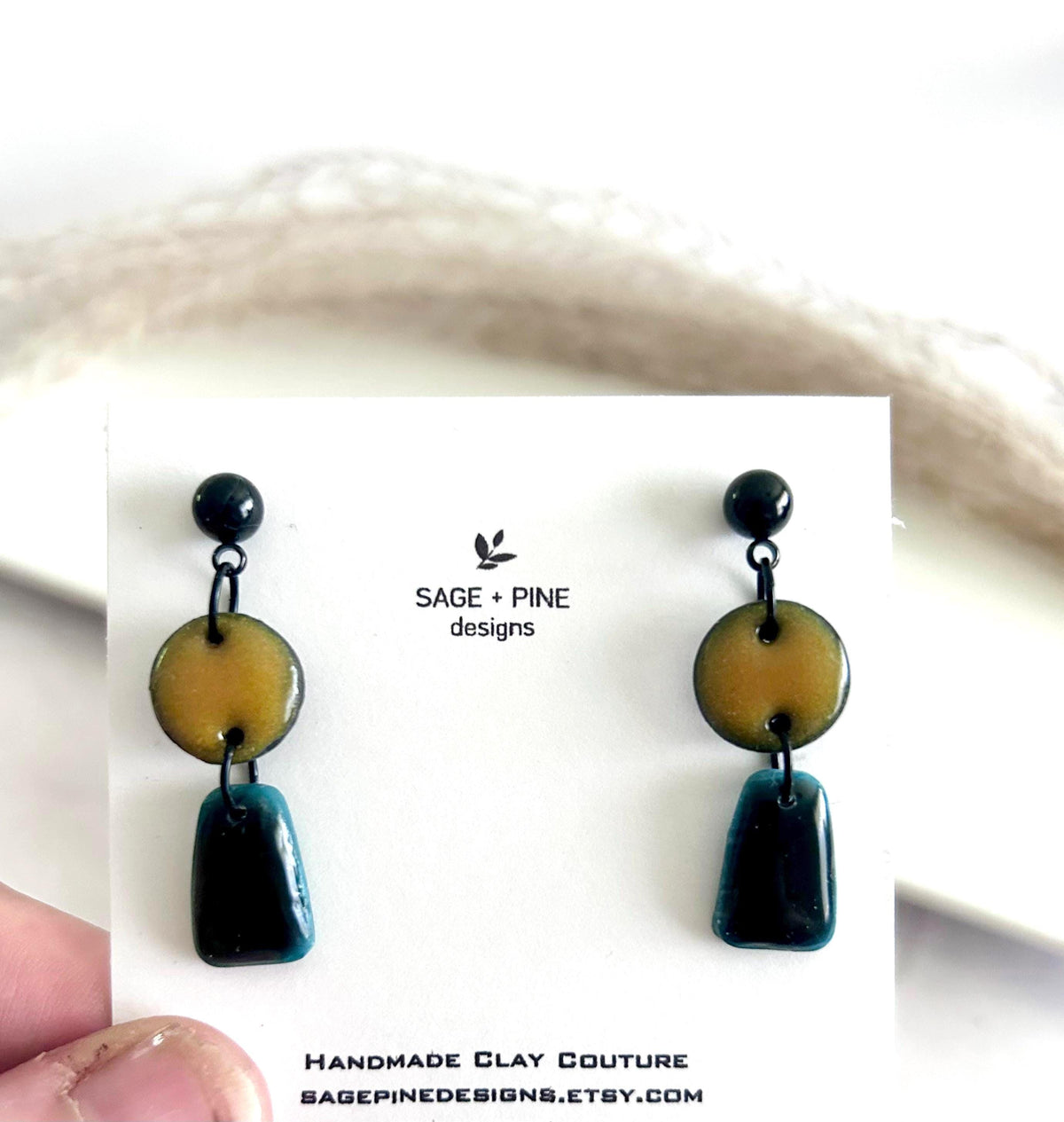 Olive Mustard Huggie Hoops, Bold Modern Earrings, Black Clay Dangles, Handmade Lightweight