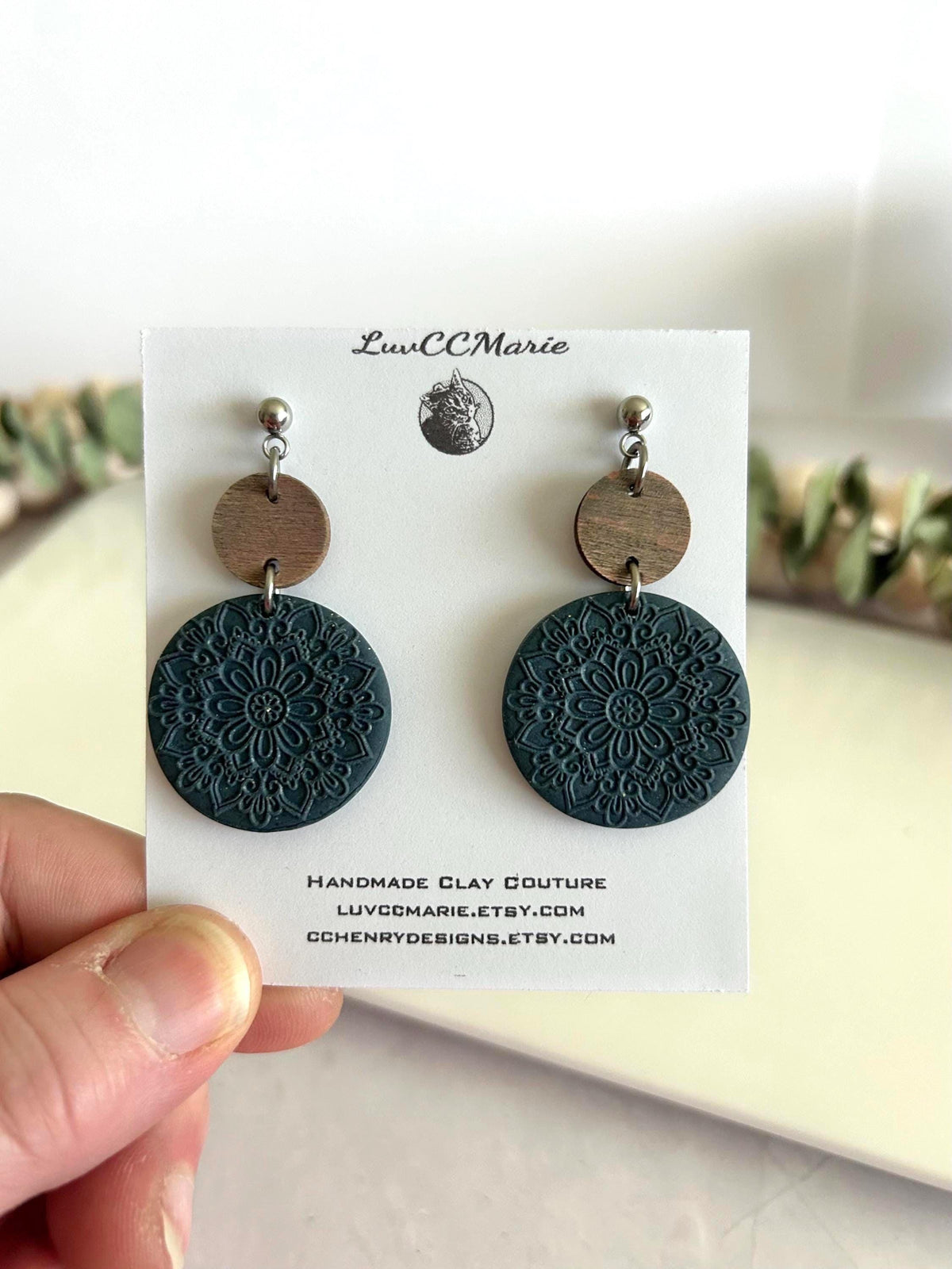 Dark Blue Clay Earrings, Round Mandala Embossed Dangles, Handmade Fashion Boho Jewelry