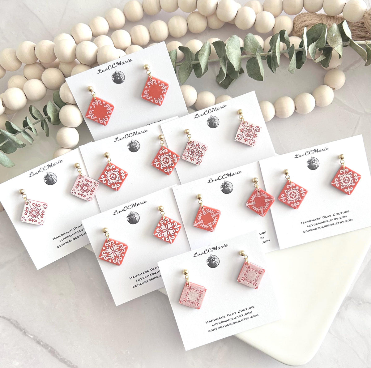 Coral Tile Clay Earrings: Hand-Painted Boho Dangle Jewelry