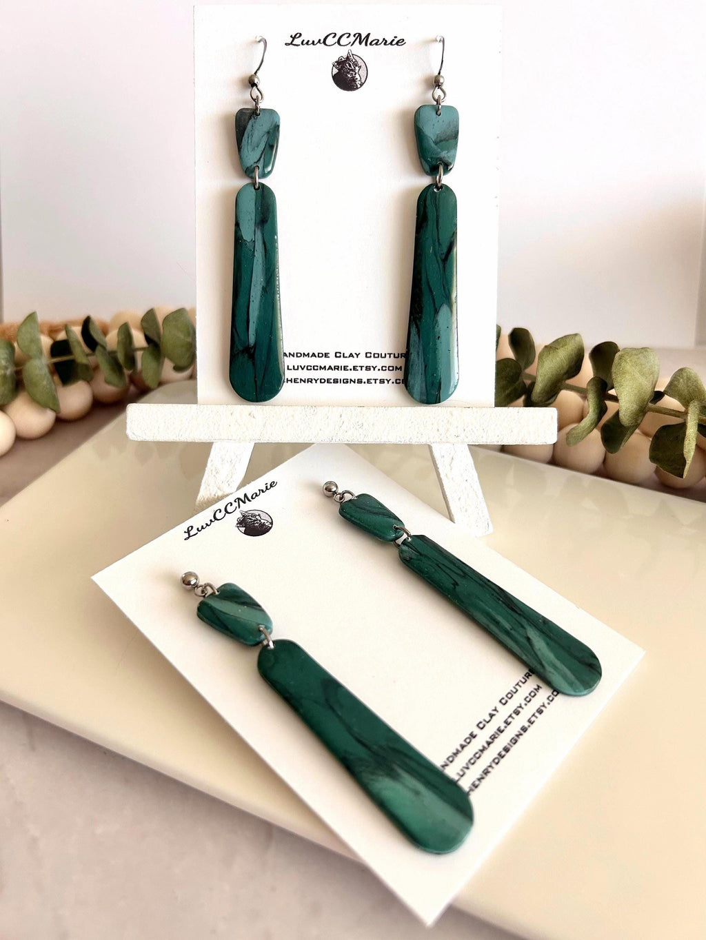 Emerald Green and Teal Blue Silver Long Dangle Earrings, Handmade Clay Coastal Jewelry