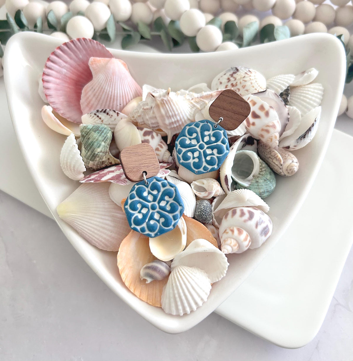 Teal & White Hexagon Santorini Tile Clay and Wood Earrings, Mediterranean Dangles