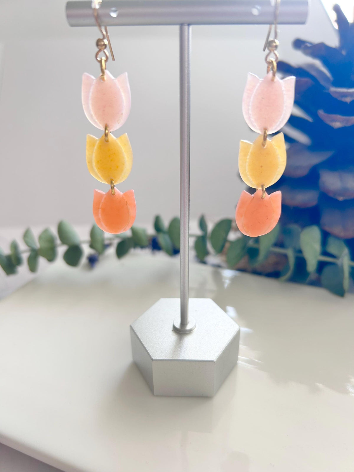 Multicolor Tulip Dangle Earrings, Long Dangly Pastel Clay Floral Boho Jewelry, Coral, Pink, Mustard