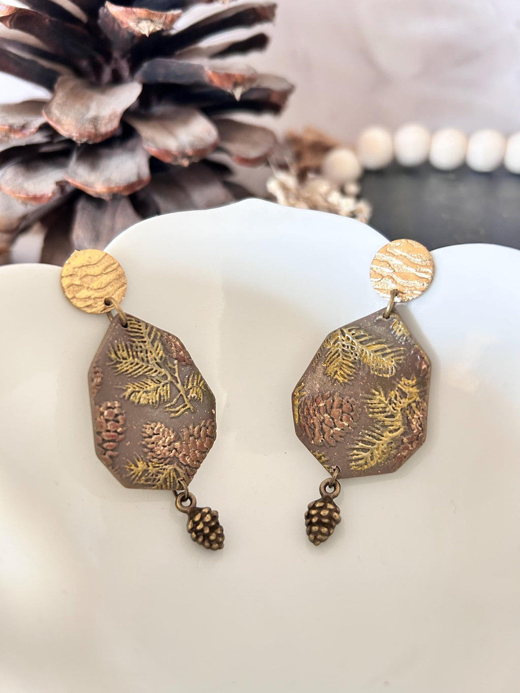Handmade Pinecone Dangle Earrings: Clay & Bronze Boho Jewelry