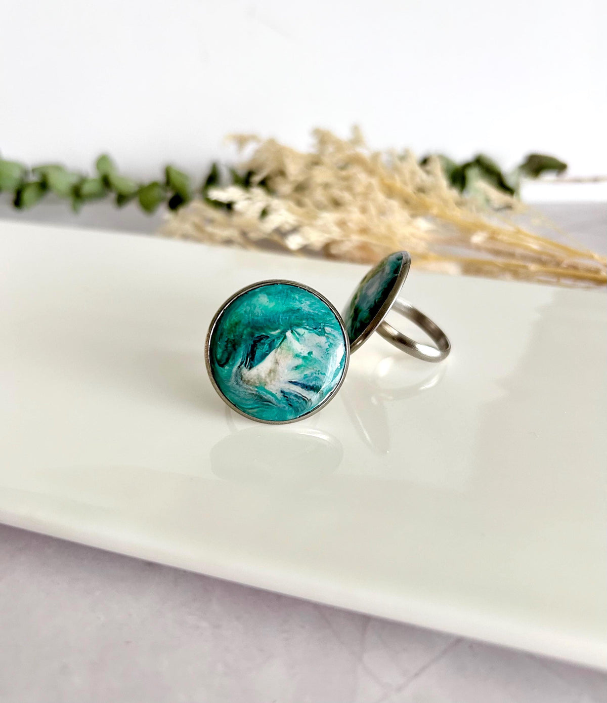 Green Faux Malachite Stone Polymer Clay Ring, Stainless Steel Adjustable Band, Handmade Jewelry