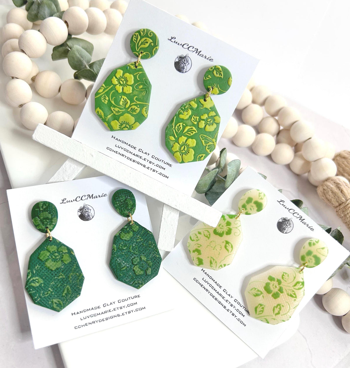 Handmade Green Floral Clay Earrings: Boho Drop Dangles