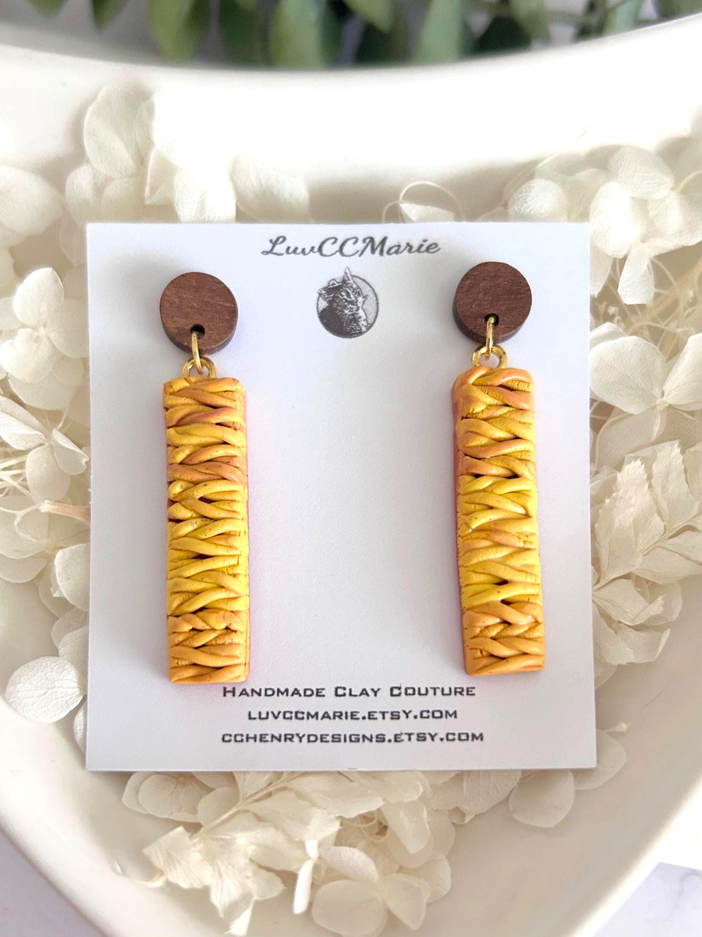 Mustard Knit Dangles, Yellow Clay Earrings, Wood Stud Drops, Lightweight Handmade Unique Fall Jewelry Gift