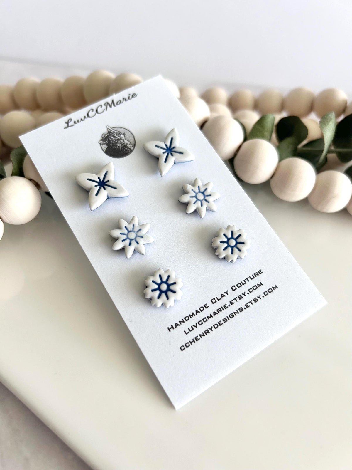 Blue and White Tile Stud Earrings Set, Small Studs, Unique Clay Hand Painted Gift