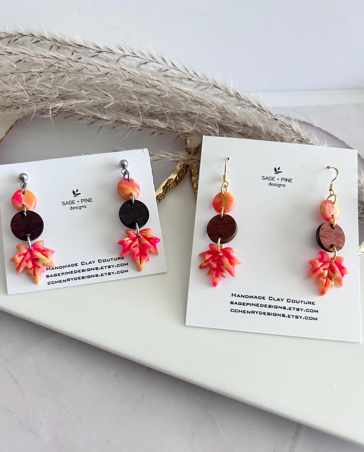 Fall Leaf Clay Earrings, Wood Bead Maple Dangles, Bright Neon Boho Hypoallergenic Lightweight Jewelry