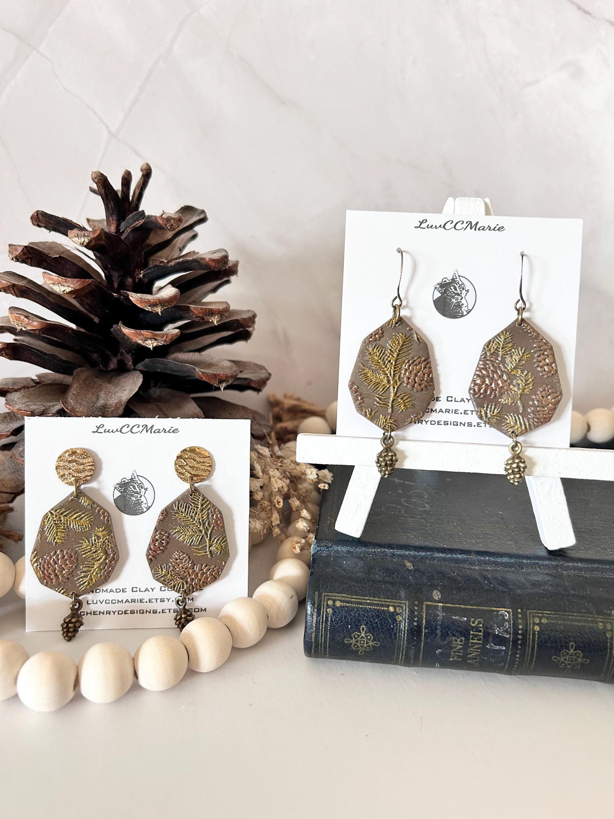 Handmade Pinecone Dangle Earrings: Clay & Bronze Boho Jewelry