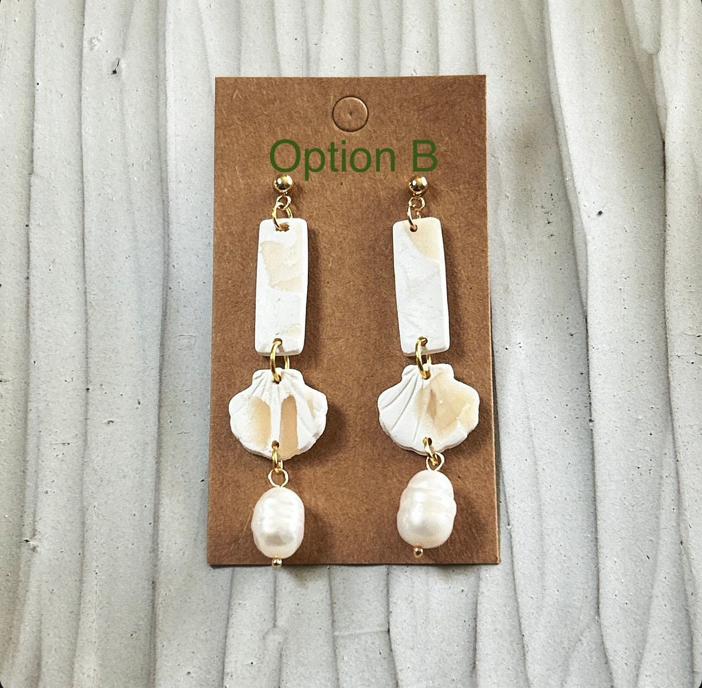 Seashell Earrings, Cream and White Clay Dangles, Coastal Beach Vacation Handmade Jewelry
