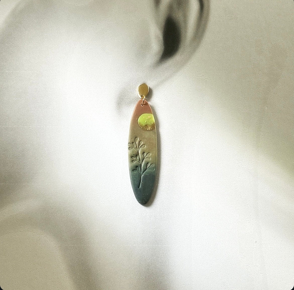 Surfboard Earrings, Orange and Green Moon Dangles, Embossed Clay Handmade Jewelry