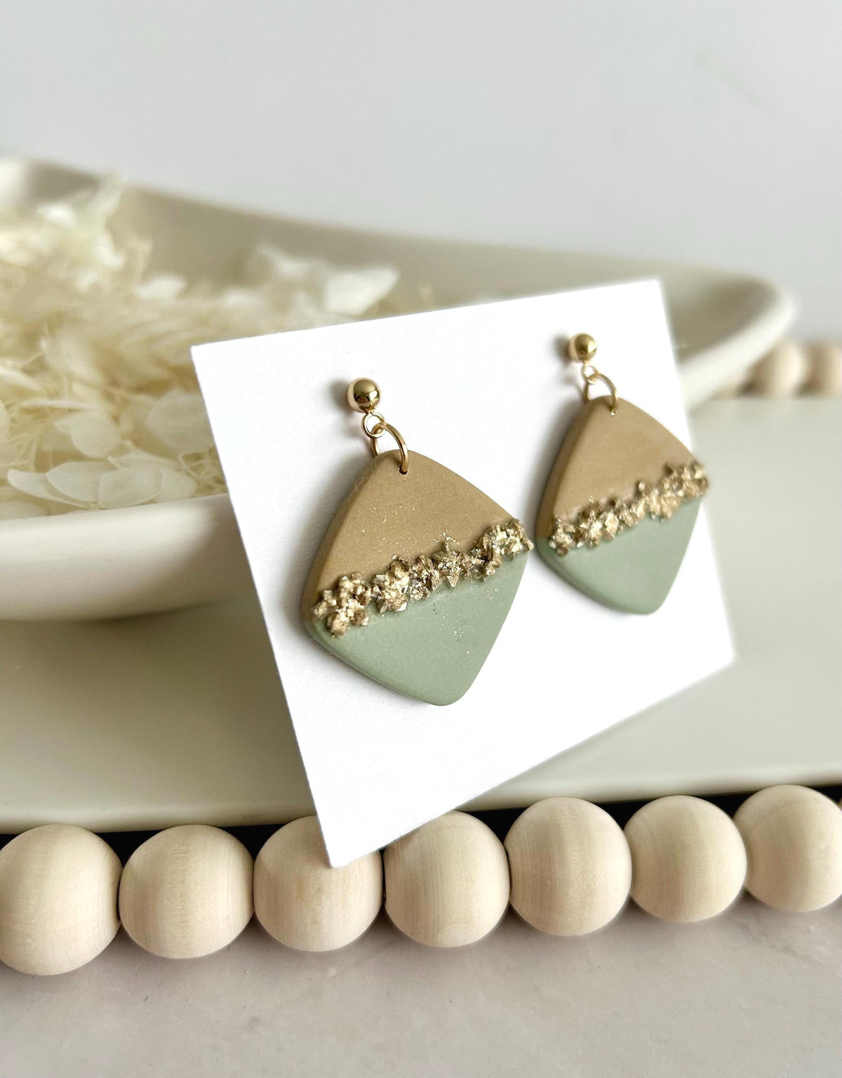Sage & Latte Dangles, Clay and Glass Dangle Earrings, Neutral Hoops, Handmade Fashion Boho Jewelry