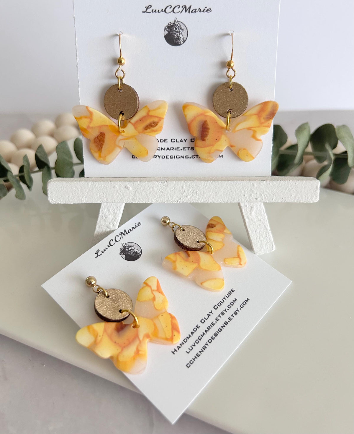 Yellow and Gold Butterfly Earrings, Daffodil Flower Clay and Wood Drop Dangles