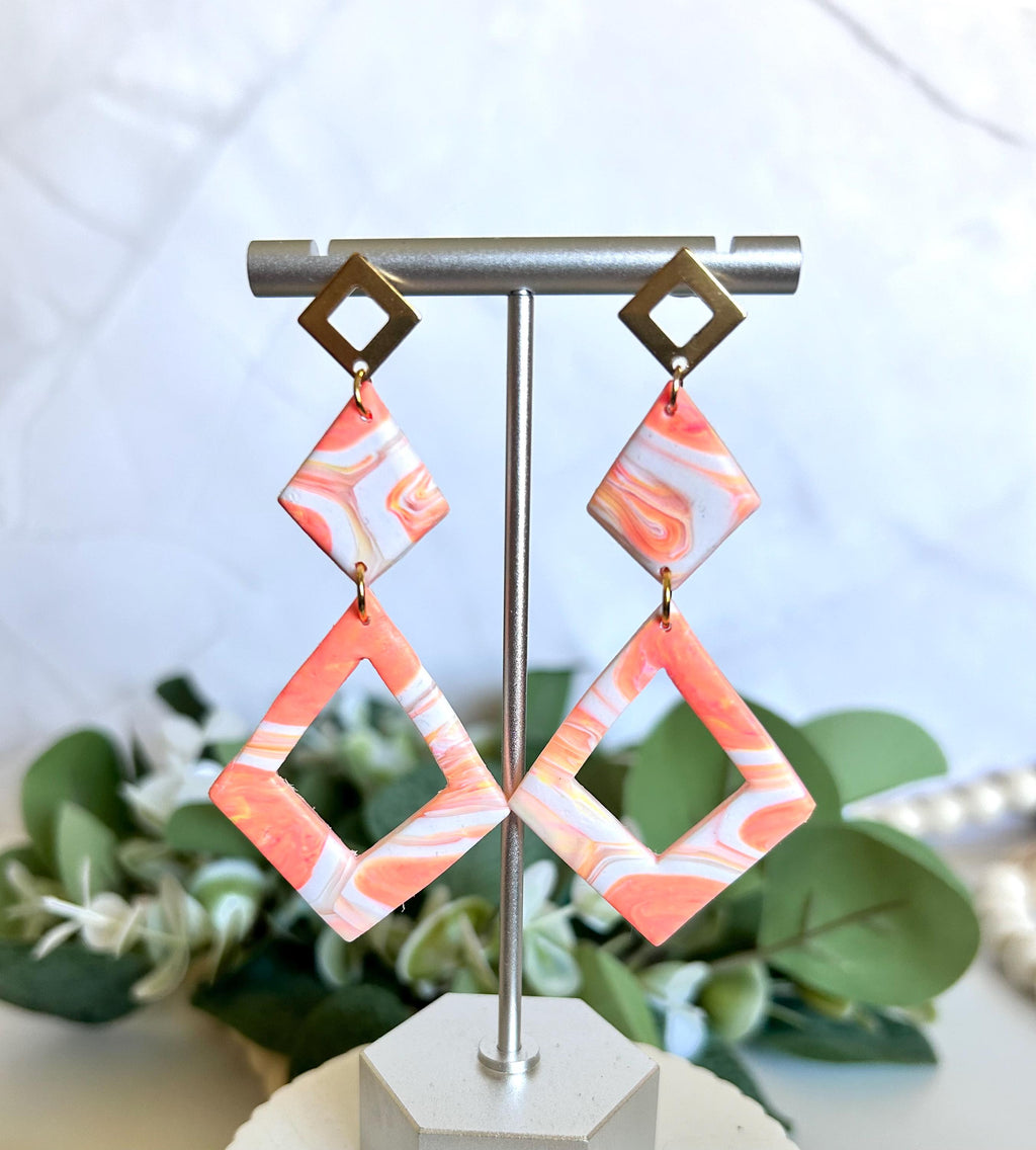 Coral Statement Dangle Earrings, Geometric Dangles, Handmade Lightweight Boho Jewelry