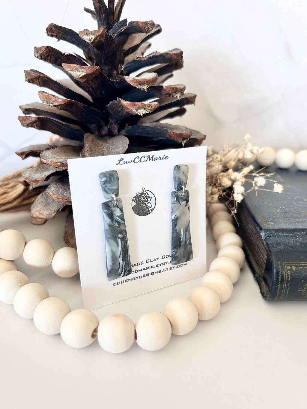 Dark Gray Earrings, Smokey Grey Dangles, Marbled Handmade Clay Bar Earrings