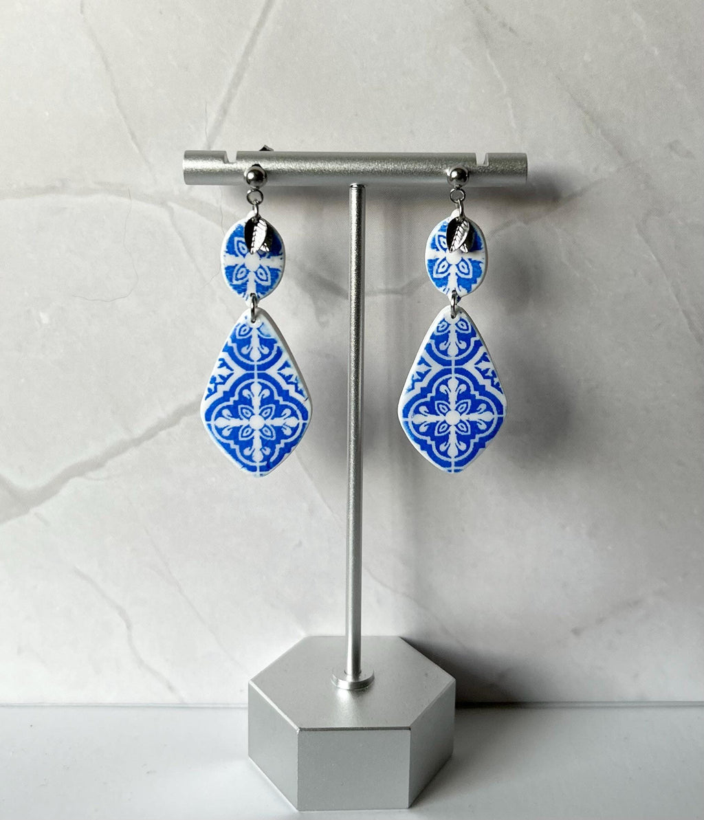 Santorini Earrings, Cobalt Blue Tile Dangles, Handmade Clay Boho Jewelry