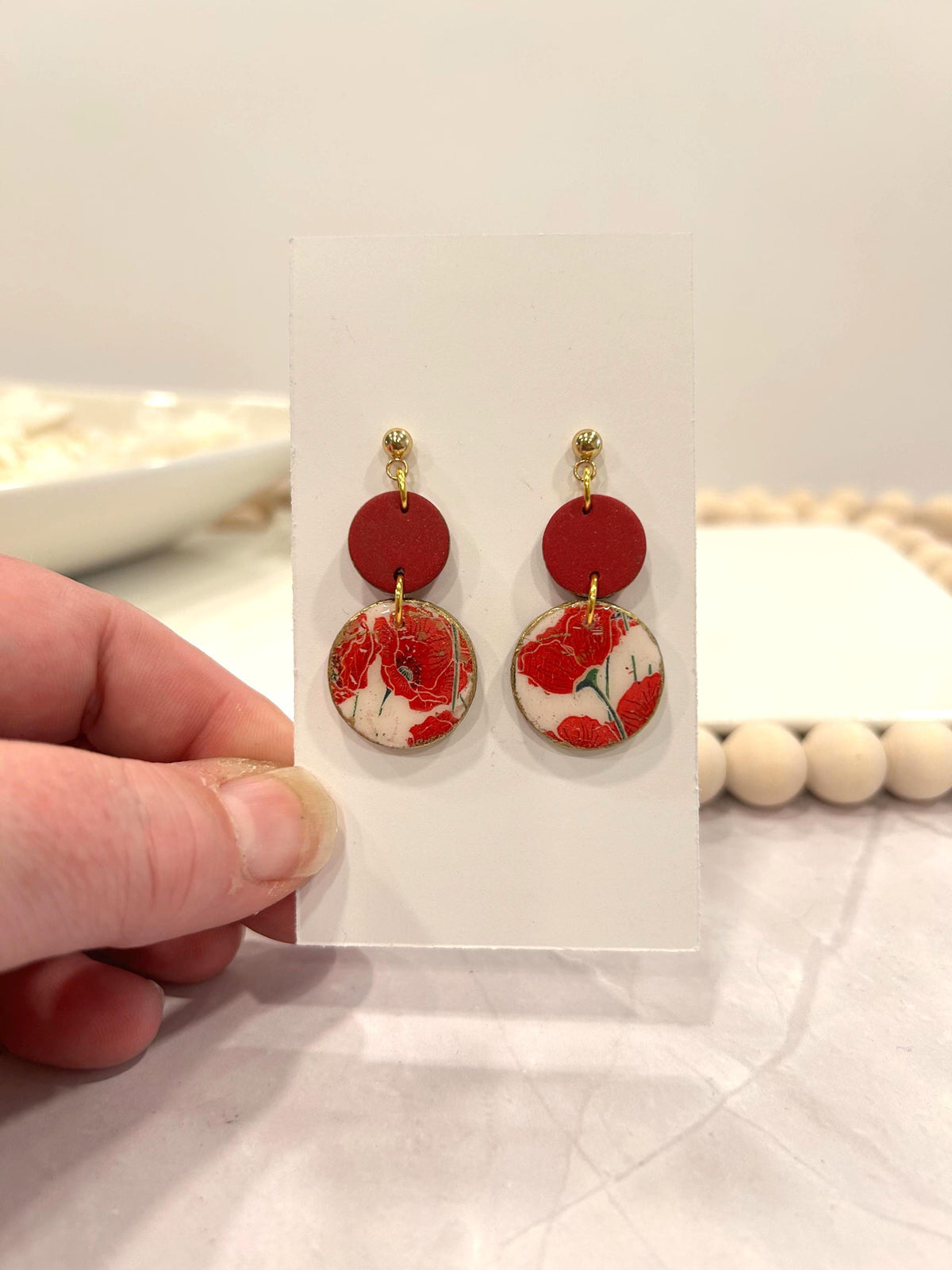 Dark Poppy Red Clay Earrings, Gold Floral Circle Dangles, Handmade Flower Boho Jewelry