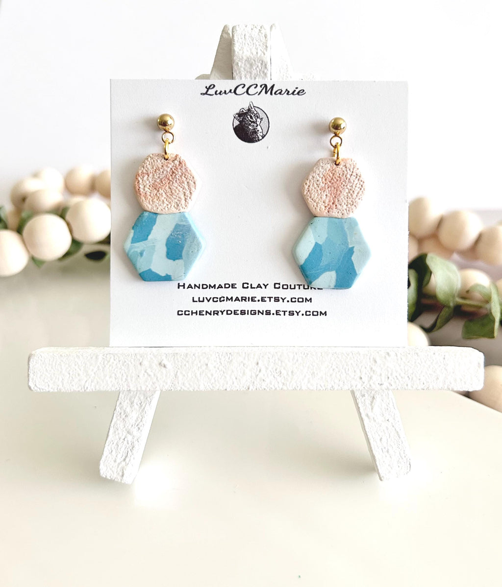 Blue Terrazzo Clay Dangle Earrings, Summer Dangles, Beachy Beige Coastal Vacation Handmade Jewelry