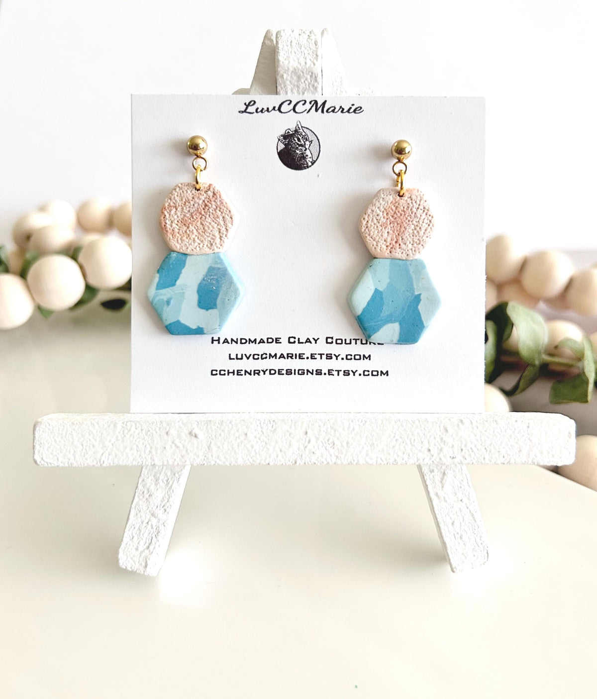 Blue Terrazzo Clay Dangle Earrings, Summer Dangles, Beachy Beige Coastal Vacation Handmade Jewelry