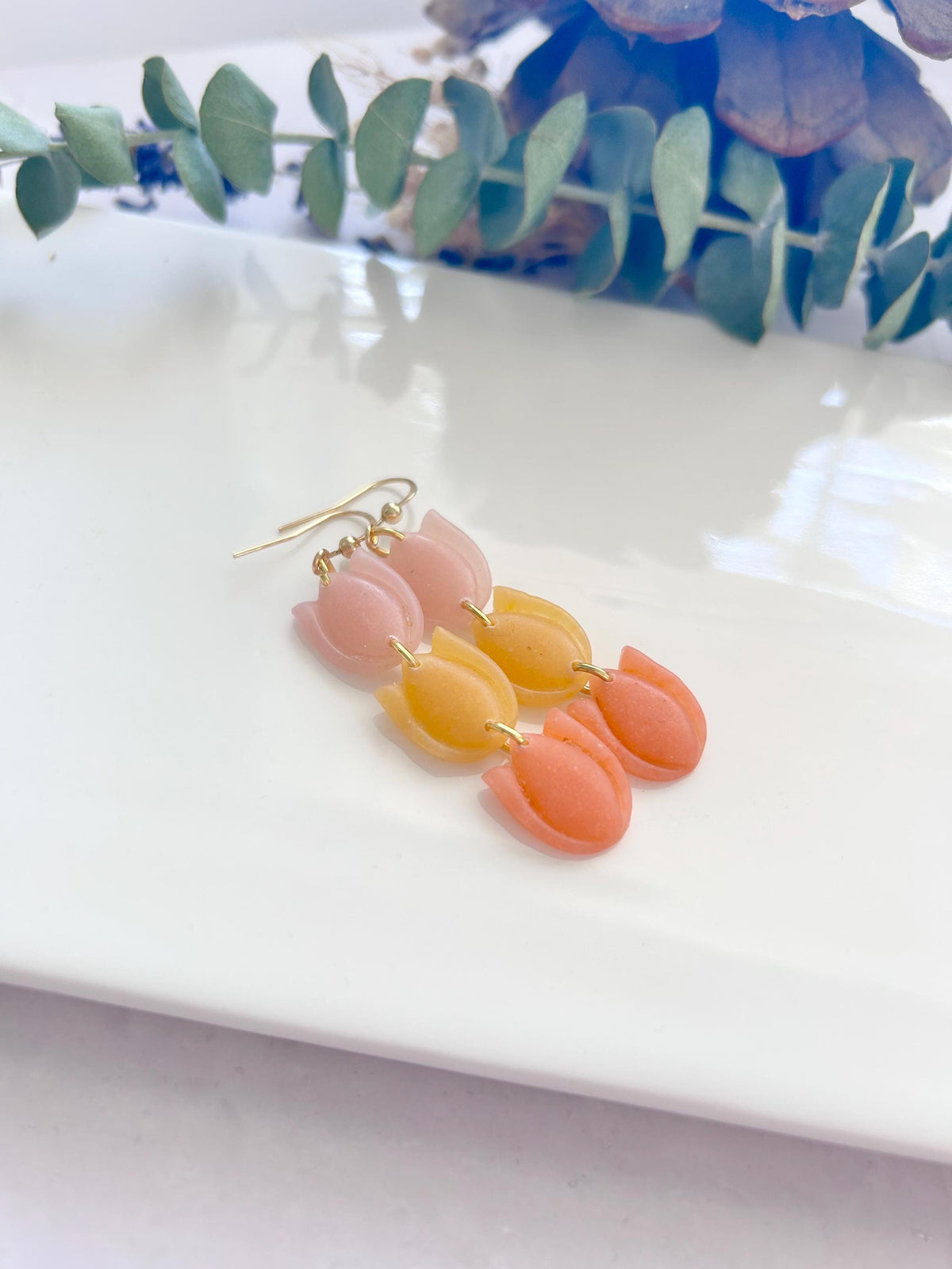 Multicolor Tulip Dangle Earrings, Long Dangly Pastel Clay Floral Boho Jewelry, Coral, Pink, Mustard