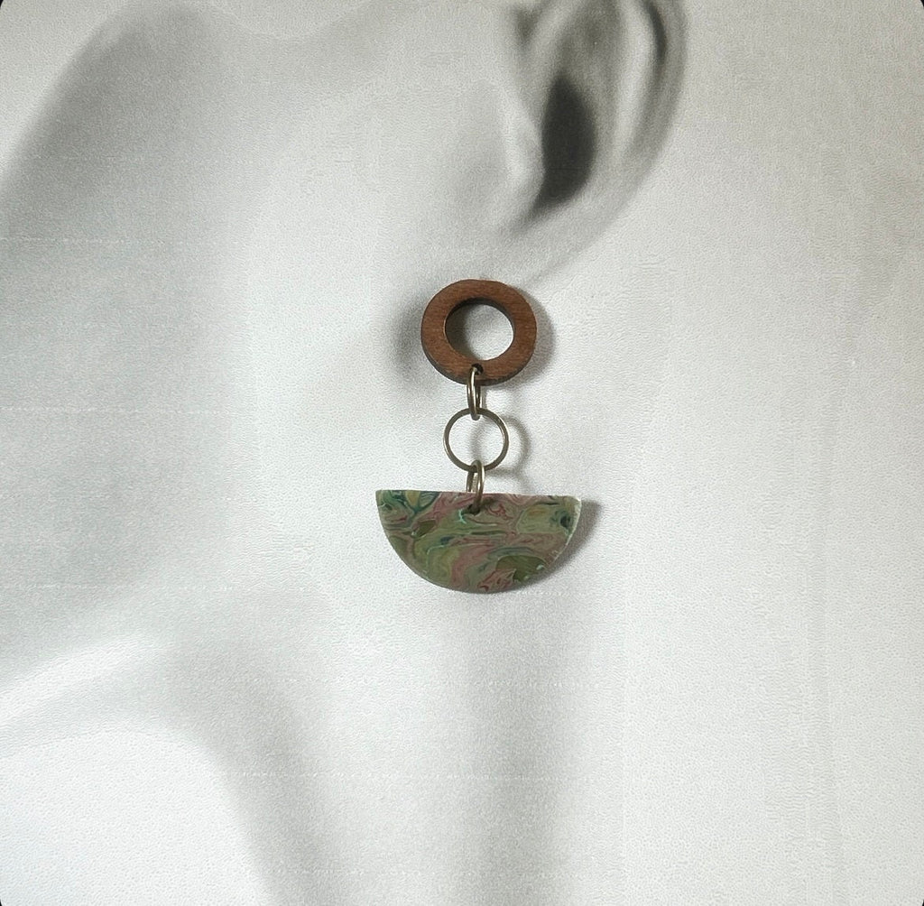 Olive Green Boho Earrings, Clay and Wood Marbled Dangles, Handmade Jewelry Gift For Her