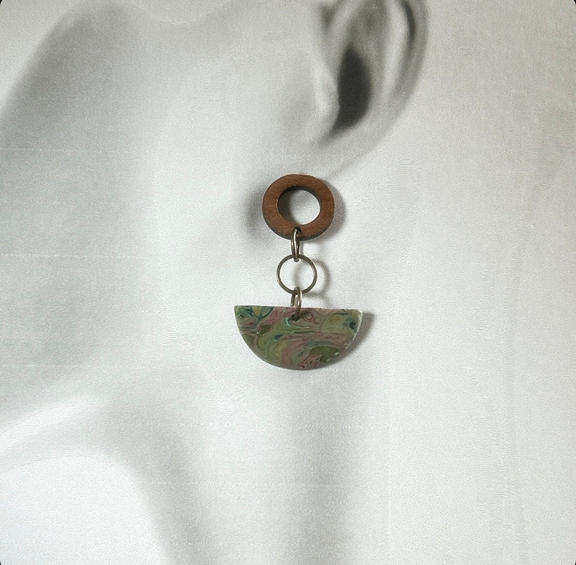 Olive Green Boho Earrings, Clay and Wood Marbled Dangles, Handmade Jewelry Gift For Her