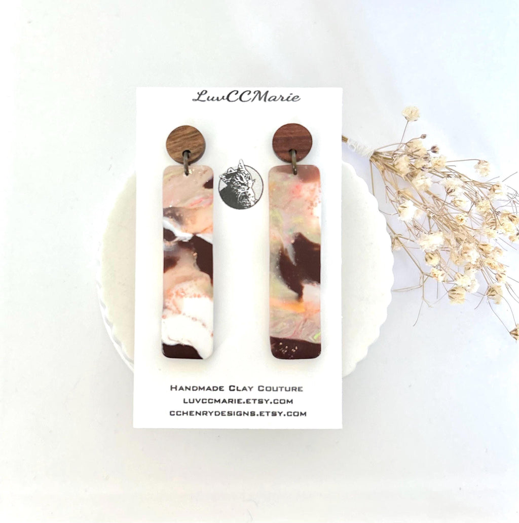 Brown Polymer Clay Earrings, Wood Stud Dangles, Handmade Fashion Jewelry Gift