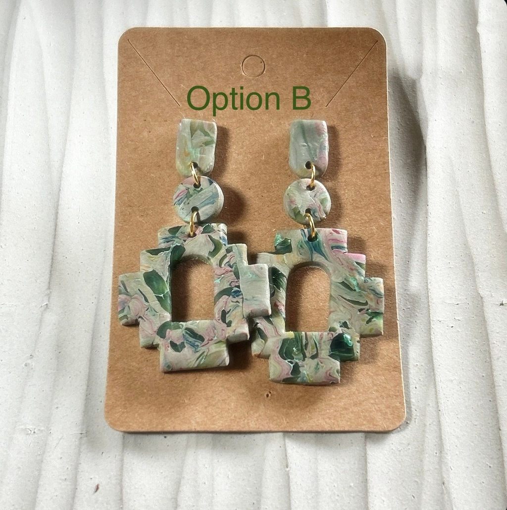 Handmade Clay Olive Pink Marbled Statement Aztec Style Post Drop Dangle Earrings