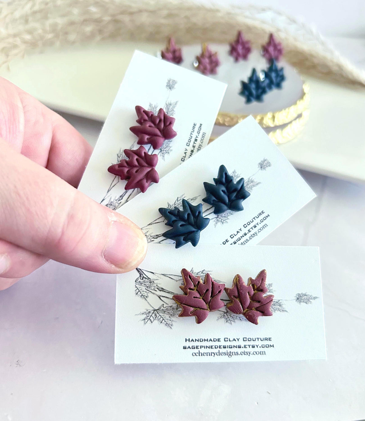 Navy Blue & Dark Burgundy Maple Leaf Stud Earrings, Hypoallergenic Post Fall Jewelry