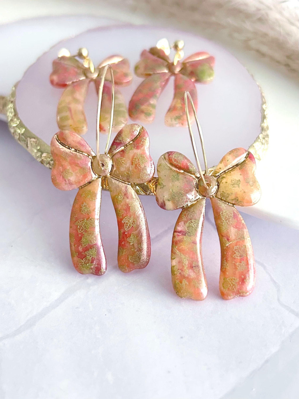 Delicate Falling Leaves Bow Earrings, Autumn tones with Gold Hoops, Boho Clay Handmade Jewelry