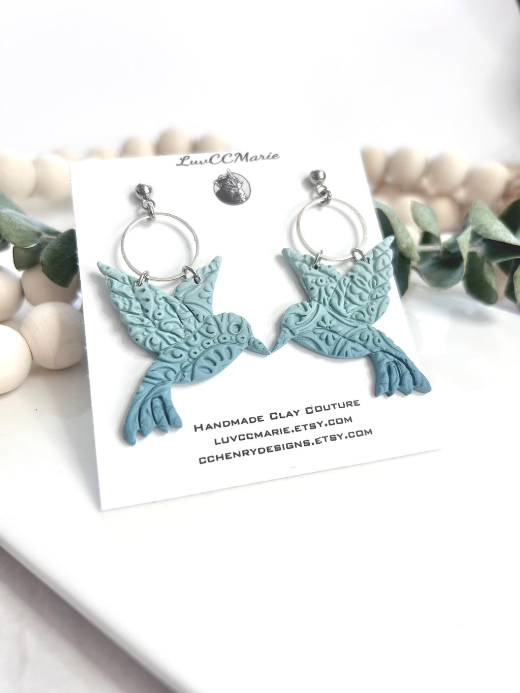 Hummingbird Earrings, Polymer Clay Hoop Dangles, Light Blue Statement Ombre Handmade Boho Jewelry Gift