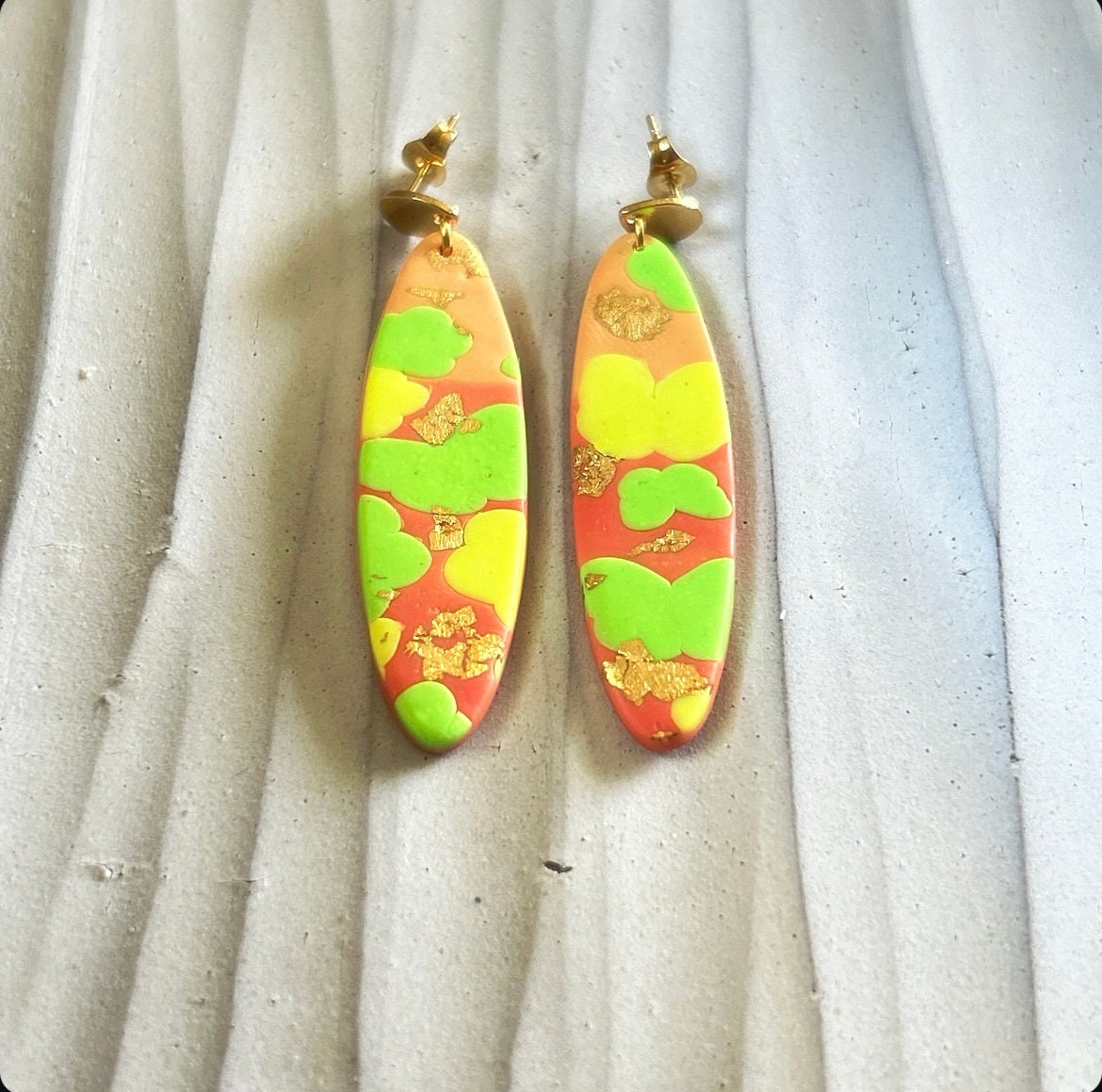 Neon Abstract Clay Earrings, Fluorescent Retro Surfboard Dangles, Handmade Colorful Boho Jewelry